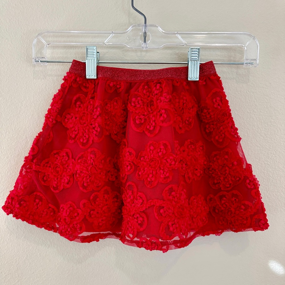 Red Floral Tulle Lace Mini Skirt - Girl Size 4T